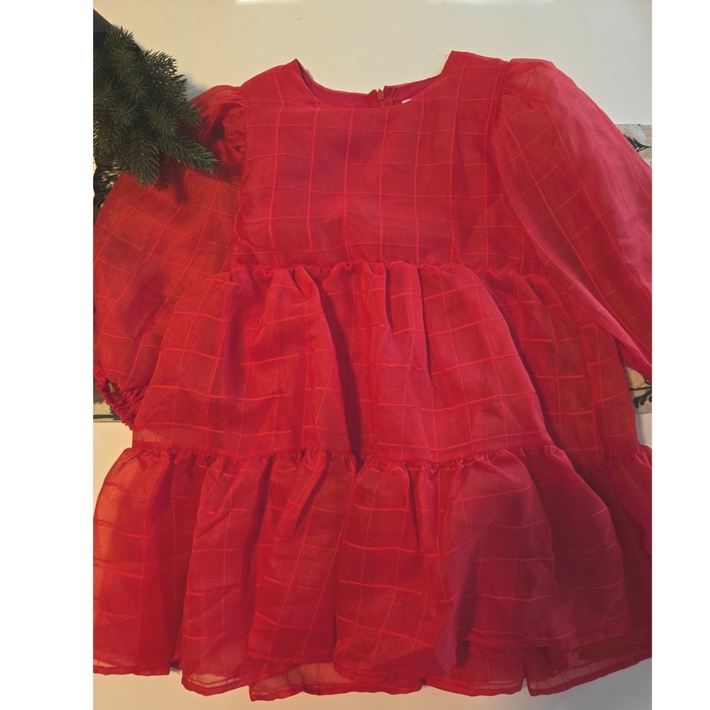 LOOLOUS‎ Red Plaid Tiered Puff Sleeve Dress Girls Size 7-8